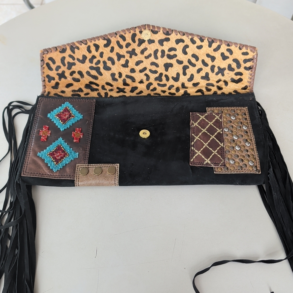 Double D Ranch Black Fringe Clutch with Leopard-Flap and Turquoise Accents - Picture 6 of 13